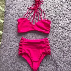 Mikoh Hot Pink Strappy High-Waist Bikini Set